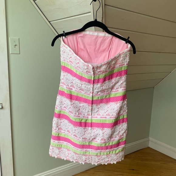 Lilly Pulitzer Dress 4 Strapless Pink Green White Lace Floral Polka Dot Ribbon - Picture 7 of 11